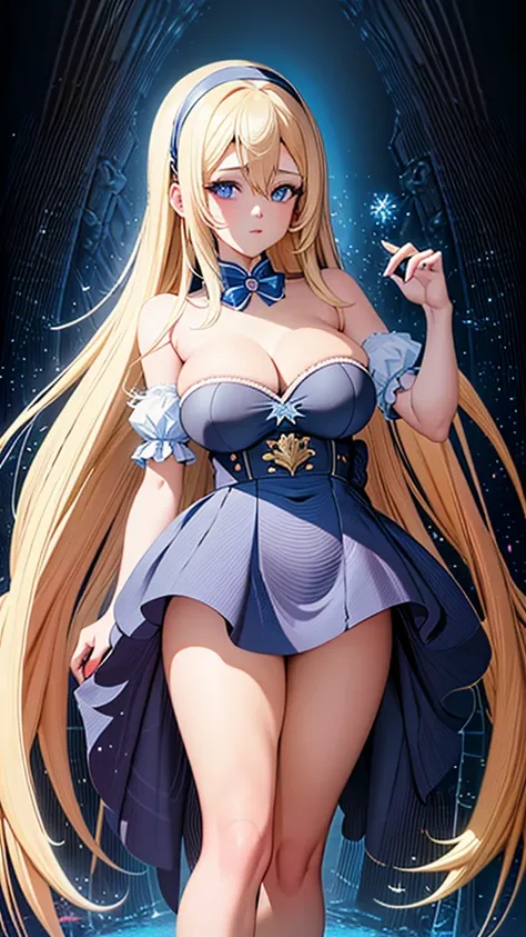 a beautiful 20 year old blonde woman with big messy hair in a blue dress, white stockings, black headband, cleavage, fantasy art style, rossdraws cartoon vibrant, alice in wonderland cyberpunk, cute detailed digital art, colorfull digital fantasy art, digi...