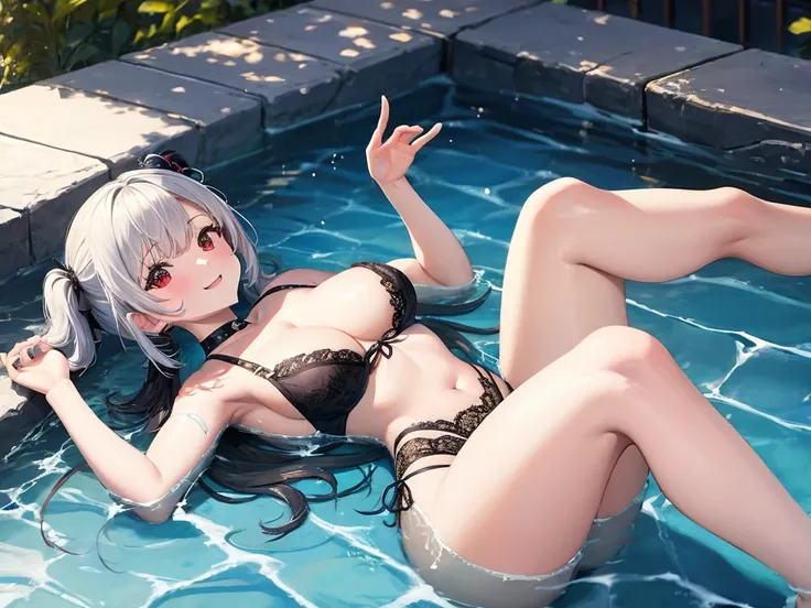 Black Swimsuit、One cute girl、Red eyes、Large Breasts、Twin tails、White Hair、Pool、smile、With legs wide open、Put your hands behind your head