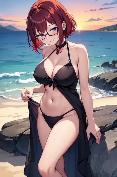 ((High_Quality)), ((Highly_Detailed)), ((Master_Work)), ((Beautiful)), 1girl only.(Pokemon_Penny) (smiling_coquettishly), (sexy_pose), (gray_eyes), (glasses), (big_breasts), (thin_clothing), (red_and_light_blue_hair), (She wears_short_hair_with_fringe_the_...