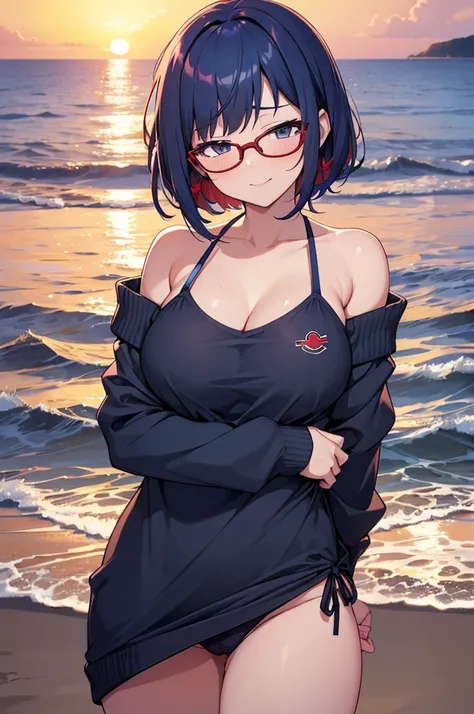 ((High_Quality)), ((Highly_Detailed)), ((Master_Work)), ((Beautiful)), 1girl only.(Pokemon_Penny) (smiling_coquettishly), (sexy_pose), (gray_eyes), (glasses), (big_breasts), (thin_clothing), (red_and_light_blue_hair), (She wears_short_hair_with_fringe_the_...