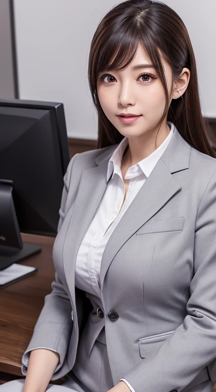 masutepiece, Best Quality, Ultra-detailed, finely detail, hight resolution, in 8K, Perfect dynamic composition, Beautiful detailed eyes, Natural Lip, (Business suits , s Office)、full body Esbian 、Plump