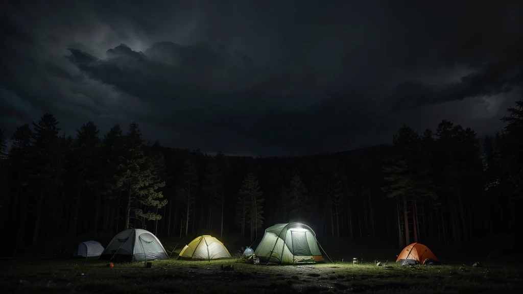 (masterpiece, 8K, UHD, photo-realistic:1.3), camping ground during heavy rain at night with cloudy sky, there are several camping tents with cloudy sky, in the middle of a dense pine forest during heavy rain at night with cloudy sky, the atmosphere is dark...