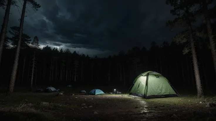 (masterpiece, 8K, UHD, photo-realistic:1.3), camping ground during heavy rain at night with cloudy sky, there are several camping tents with cloudy sky, in the middle of a dense pine forest during heavy rain at night with cloudy sky, the atmosphere is dark...