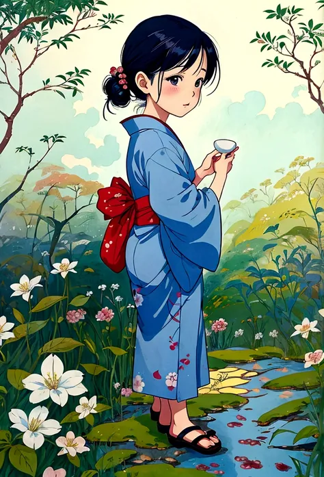 Fairy tale illustration by Reiko Ikemura, pixabay, simple art, full color illustration, cute fairy tale illustration, picture book illustration, illustration, girl picking tea in the style of Hayao Miyazaki, no field, kimono, kimono  