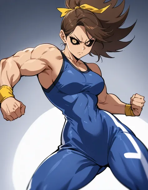 masterpiece, Highest quality, Perfect Face, Perfect brown eyes with white sclera, Bad move 5, alone, One girl, Kick, Combat Stance, Brown Hair, sneakers, Double Bang, Yellow ribbon, Muscular woman, Unitard, Blue Vest, Blue pants, Bare shoulders, Covered Ab...