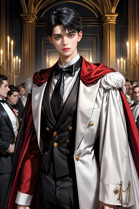 
masterpiece, 最high quality, high quality, 1 boy, alone, Male focus, Watching the audience,  Messy black hair, Adorable big blue eyes, White people, Noble, Noble,A black and red cape bursting with sexy volume、Tuxedo、A very voluminous, large, very large, ve...