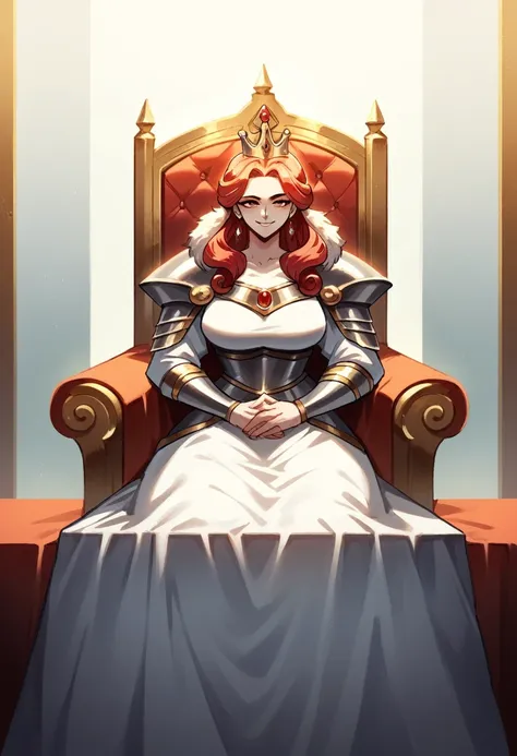 a beautiful woman sitting on a throne, pale skin and flowing red hair, medium legnth hair, dutchess in modest adornment, modest ...