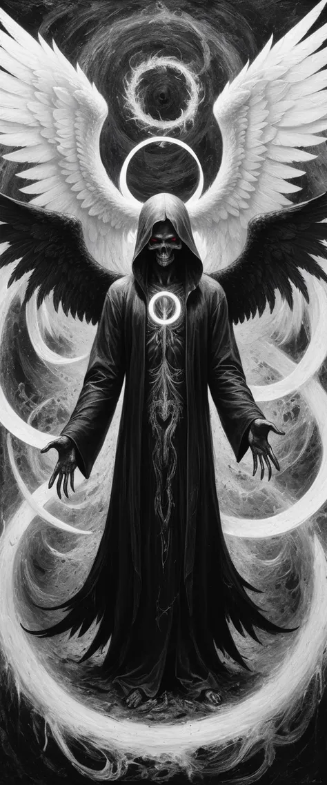 a painting of dark fallen angel lucifer surrounded by dark wings, black and white möbius strip, spinning and tumbling white wing...