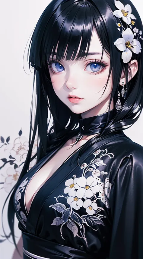 (​master piece),(top-quality:1.2),(8k anime),1 girl,beautiful detailed blue eyes,(Beautiful silky black hair:1.2), black dress with flowers,(Realistic),Detailed skin, undeservedly beautiful,((ink painting floral background)),white theme,cinematic lighting,...