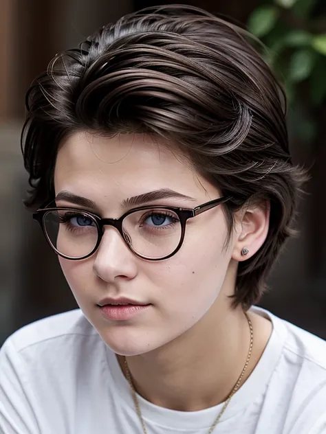 (masterpiece, Best quality:1.2), 1 tomboy girl 16 years old, One, Russian girl in glasses with aesthetic small breasts with beautiful erect pale pink nipples, round face, round cheeks, small round chin, beautiful proportional small wide nose, Plump lips, c...