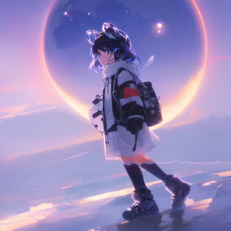 Standing on a rock with a backpack、Anime girl looking at the moon, Makoto Shinkai Cyril Rolland, ( ( makoto shinkai ) ), Gweiz-style artwork, makoto shinkai. —h 2160, makoto shinkai!, makoto shinkai ( Apex Legends ), mokoto shinkai, Makoto Shinkai style