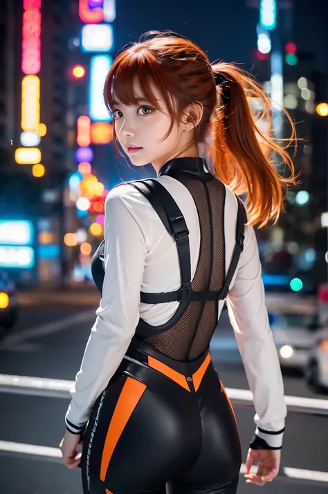 (sfw), intricate details, one girl, night, (bright neon colors), ((flying over a futuristic cyberpunk city)), detailed backgroun...