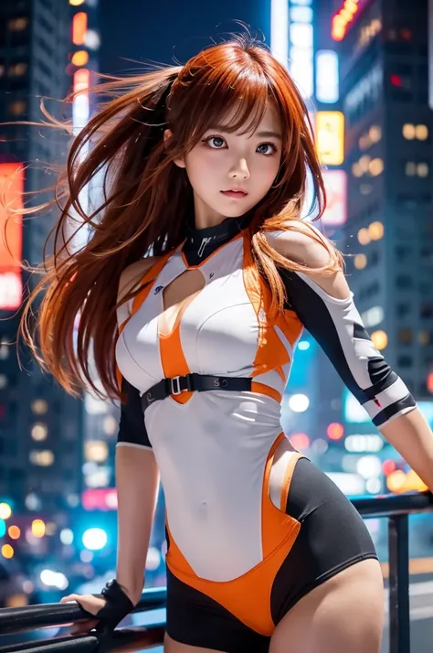 (sfw), intricate details, one girl, night, (bright neon colors), ((flying over a futuristic cyberpunk city)), detailed backgroun...