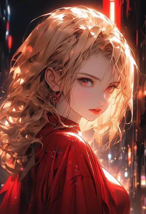 masterpiece , night , close up , beauty , blonde hair , red eyes , red robe  , cyberpunk , soft light