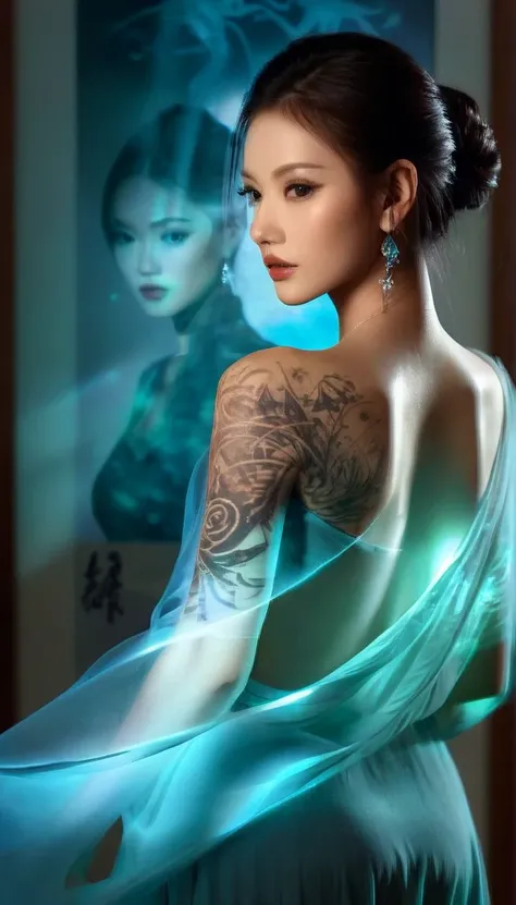 Double Exposure Style,Volumetric Lighting,a girl (Supermodel) with Wrap top,arching her back, beautiful tattoo, Traditional Attire,Artistic Calligraphy and Ink,light depth,dramatic atmospheric lighting,Volumetric Lighting,double image ghost effect,image co...