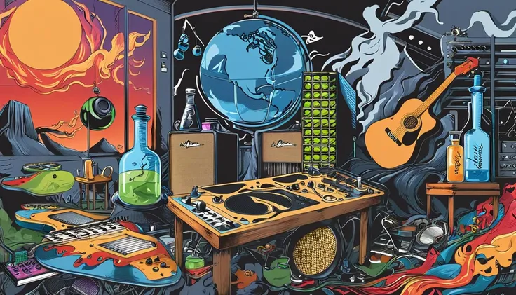 Masterpiece; cover of The Whos Whos Next album;; Guitars and drums in a small science lab(((several science bottles around the room))); (guitars and musical keyboards inside science bottles) World map on the wall. sciencie complete with speakers and glass ...