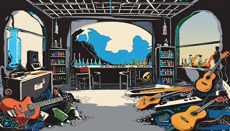 masterpiece; cover of the who's who's next album;; guitars and drums in a small science lab(((several science bottles around the...