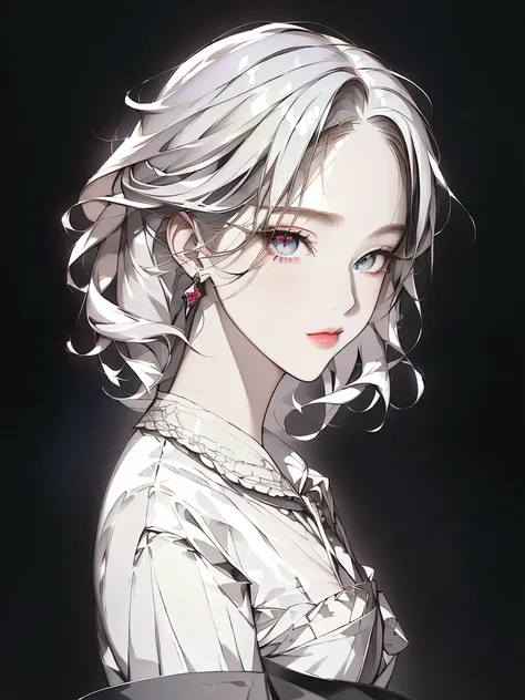 Close-up of a woman with a black background 
masterpiece, best quality,PIXIV, 90s,style of a 1990s anime, 1girl, solo, long hair,(white hair:1.2),bangs,red lips,closed mouth,blush,jewelry,earrings,looking at viewer,upper body,close-up view,simple backgroun...