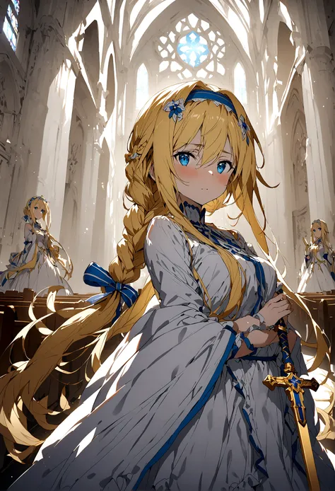 NSFW,masterpiece,Highest quality,High resolution,Super detailed,(Sword Art Online), Alice Zuberg、bangs、blue eyes、Blonde Hair、Hair between the eyes、Very long hair、Braid、hair band、白いhair band,dress,church,White Room