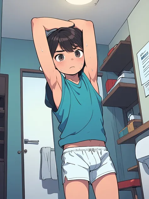 shota， young man，underwear, clock，(show your armpits:1.4), shirt, bare chest, standing on the toilet，sweating,  masterpiece，adva...