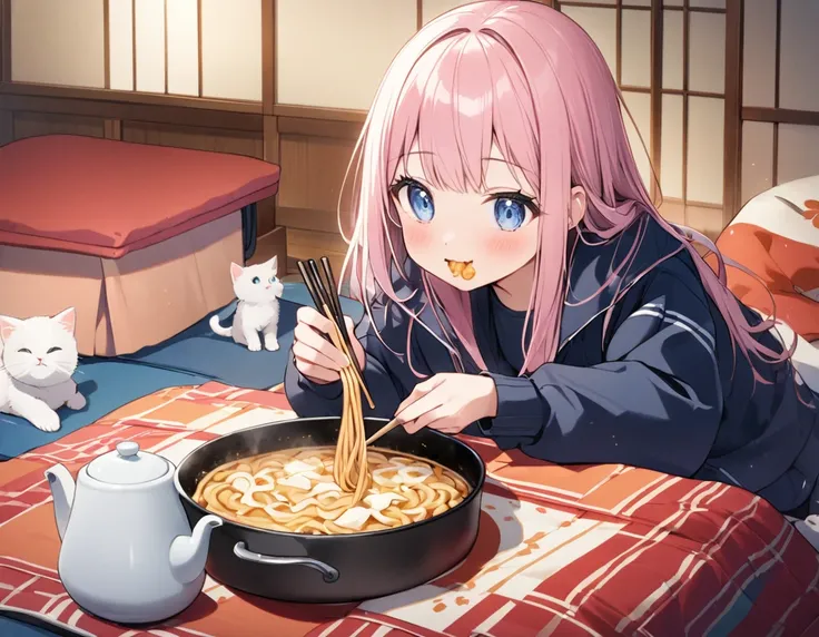 (8K, best quality, master piece: 1.2), super high resolution,1 cute girl,16yo,solo,ultra-detailed face,detailed eyes,detailed eyes,mascara,happy,Lily Pink hair,Straight hair,Long hair,Tracksuits,Quilt-made outerwear,seiza at a table,perfect hands, perfect ...