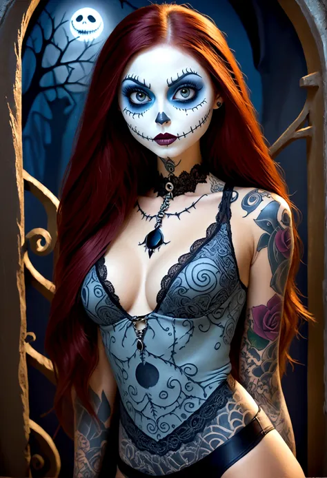 create a hyper detailed photograph of a nightmare before christmas tattooed young sexy sally, stunningly perfect gorgeous face, ...