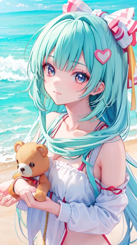 There is a woman holding a teddy bear on the beach, Cute realistic portrait, Cute Anime Girl, Cute girl anime visuals, Smooth anime CG art, Gweiz-style artwork, portrait of Cute Anime Girl, cute portrait, Beautiful anime portraits, Beautiful Anime Girls, C...