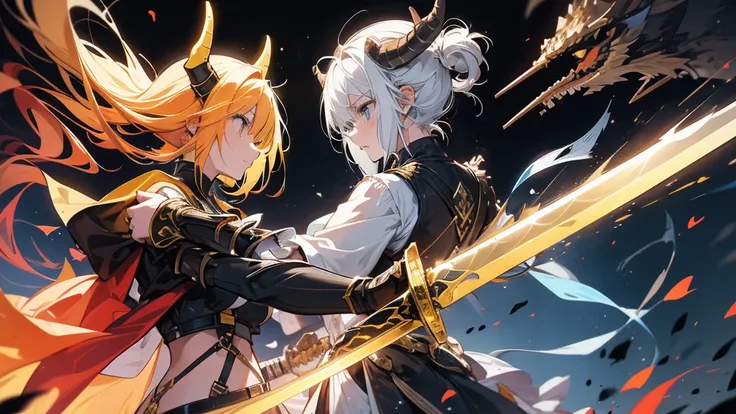 A yellow-haired female swordsman with a long sword facing off against a horned demon in a dark dungeon