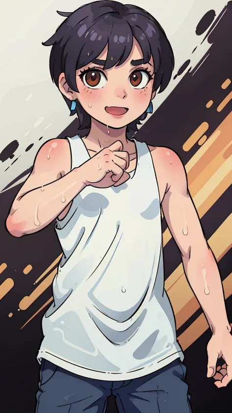 (Shota:1.5), (baggy:1.4), (White tank top:1.3), (White panties:1.3), (bulge:1.4), (Claw Pose:1.4), The wind is blowing, (((Highest quality))), (((masterpiece))), (((Super detailed))), (skinny:1.3), ((Spiked Hair)), (The wind is blowing), ((Light blue hair)...