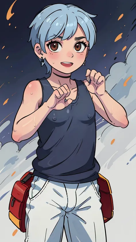 (shota:1.5), (baggy:1.4), (white tank top:1.3), (white panties:1.3), (bulge:1.4), (claw pose:1.4), the wind is blowing, (((highe...