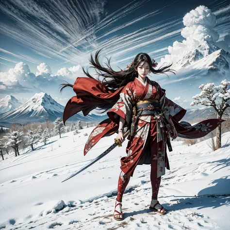 （swordsman woman、Hold the Sword、Food-for-I、Japanese Katana Sword）（masterpiece 1.4, Best Quality 1.4）,1 girl in, skin detailed、Detailed and beautiful face 1.4、弓, long hair, A brunette , hair flying in the wind、white and red kimono、 Bloodstained kimono、sanda...