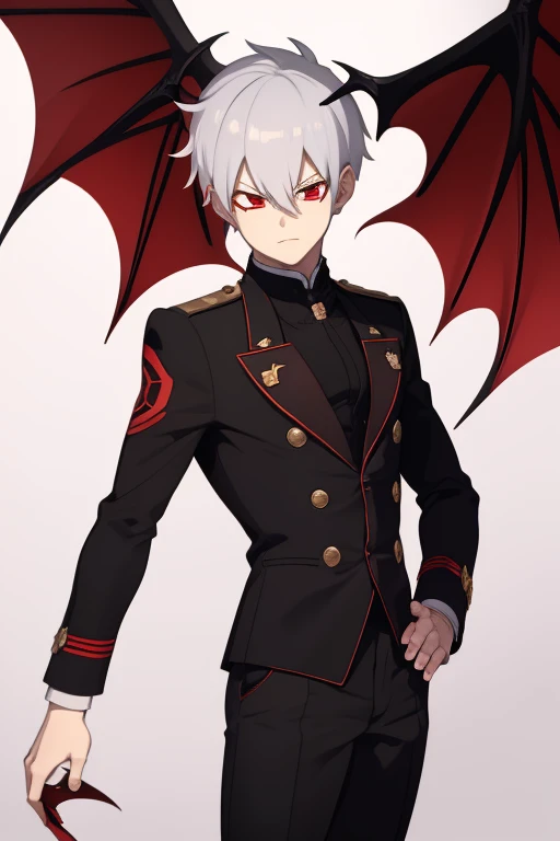 Shoto Todoroki from My Hero Academia, Vampire, incubus, red eyes and white hair, bat wings, black clothes, black steampunk pants, red shirt, black vest, pale skin. Looking straight at the viewer