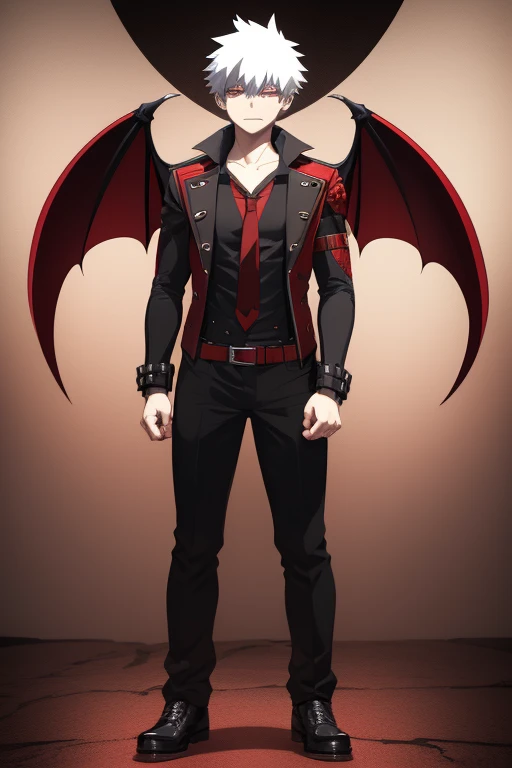 Katsuki Bakugo from My Hero Academia, Vampire, incubus, red eyes and white hair, bat wings, black clothes, black steampunk pants, red shirt, black vest, pale skin. Looking straight at the viewer