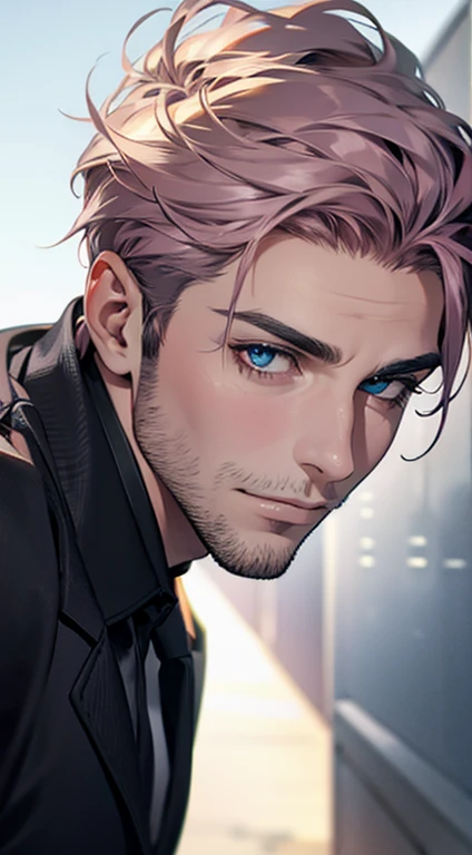 (best quality,4k,8k,highres,masterpiece:1.2),ultra-detailed,(realistic,photorealistic,photo-realistic:1.37),1 man,31 years old,mature man,very handsome,without expression,smile,short grey pink hair,blue eyes,penetrating gaze,perfect face without errors,imp...