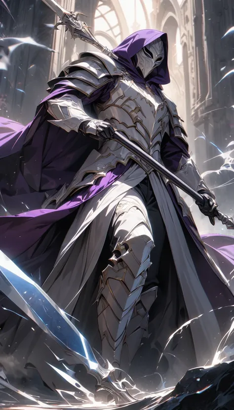 an adult man in a white villainous mask, purple hood and cloak, white sorcerer armor, some black trousers, a magic spear, and masks flying around, Masterpiece, best quality, Full HD, 8k, ultra details, great graphic