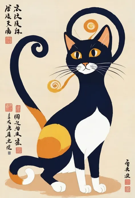 catcat有不同颜色的两只眼睛，painting of a cat with a swirly tail, cat. cat非常非常漂亮的毛茸茸的艺术