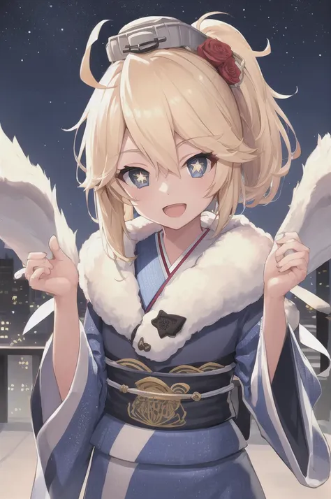 masterpiece, Highest quality, New York, Iowa, short hair, ponytail, (Star-shaped pupils:1.4), headgear, Hair Flowers, Blue kimono, Wide sleeves, Fur trim, View your viewers, Night Sky, Upper Body, hands in heart, :d