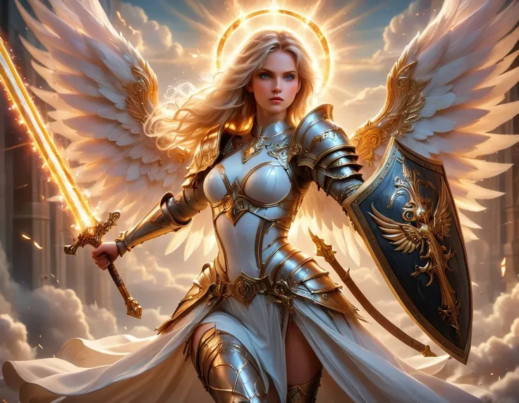 a ((medieval masterwork fresco art: 1.5)) italian renaissance style, of a 1female angel knight, spread angelic wings, glowing ha...