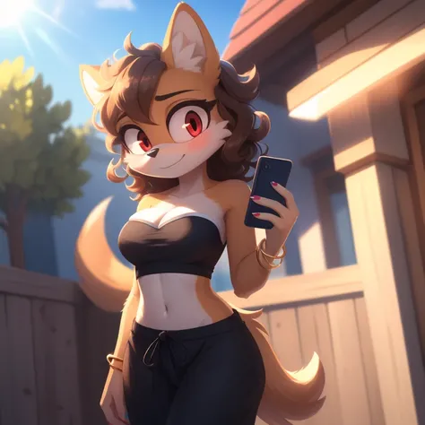 mobian, solo, hedgehog, two-tone fur ((orange fur, brown fur)), strapless crop top, baggy pants, cleavage, two-tone hair (brown hair, black tip)), curly hair, halo, sunglasses, jewelry, red eyes, longeyelashes, red eyes, smile, shy, blush, holding phone, h...