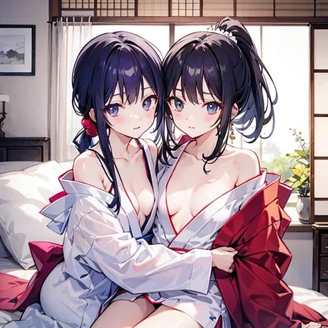 Ponytail sisters，Open-chested clothing，Japanese-style room，Unbuttoned，They are hugging each other