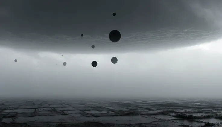 ON A STORMY GRAY DAY YOU SEE THE BLACK PLANETS, R STYLE.h. GIGER VERY CLOSE, ALMOST TOUCHING. SHOWS GRAVITATIONAL FIELD ABSORBING AND RELEASING MATTER MUTUALLY, 4k image, ALTA RESOLUCIÓN E hÍPER REALISTA, FILM DAYLIGHTING, CLOUDY DAY WITH FOG. hORIZONTE CO...