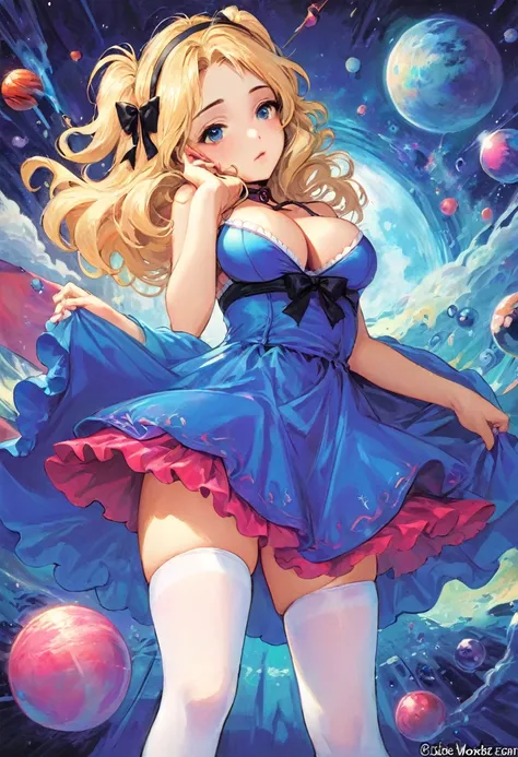 a beautiful 20 year old blonde woman with big messy hair in a blue dress, white stockings, black headband, cleavage, fantasy art style, rossdraws cartoon vibrant, alice x. zhang, alice in wonderland cyberpunk, cute detailed digital art, colorfull digital f...