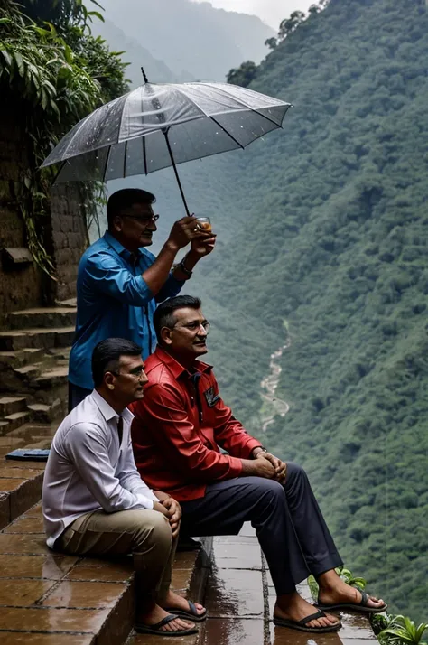 Rain at jungle, nepali priminister kp sharma oli watching rain with his bodyguards and drinking tea