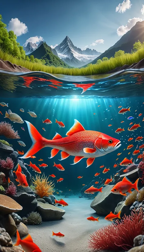 there are red fish at the bottom of the river，panoramic front view(best quality，4k，8k，high level，masterpiece：1.2），ultra detailed...