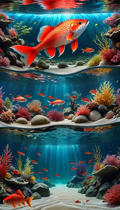 There are red fish at the bottom of the river，Panoramic front view(best quality，4K，8K，High level，masterpiece：1.2），Ultra Detailed，（lifelike，Photo real，Photo real：1.37），Highly detailed animals，Complex patterns，Realistic lighting，Fantasy Creatures