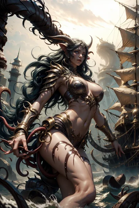 minotaur woman with horns, sexy on a pirate ship, fully body 