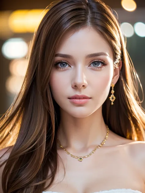 a beautiful young russian woman, detailed face, ((high quality)), photorealistic, stunning eyes, long eyelashes,  flawless skin, light brown hair, tight waist, necklace, active posing, long hairstyle, vivid colors, masterpiece, best quality, confident expr...