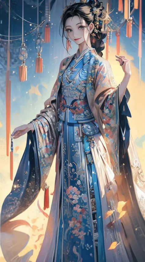 anime styling,
natta, 
new boy, age 22, blue hanfu, smiling, he has a slim body, black braided hair, greeneyes, earrings in the ...