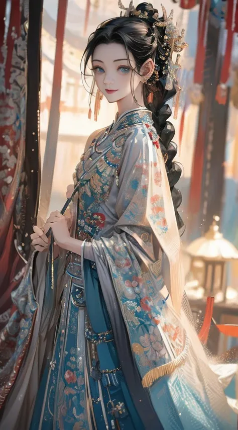 anime styling,
natta, 
New boy, Age 22, blue hanfu, smiling, he has a slim body, black braided hair, greeneyes, earrings in the ears, discreet necklace with pendant, innocent, 