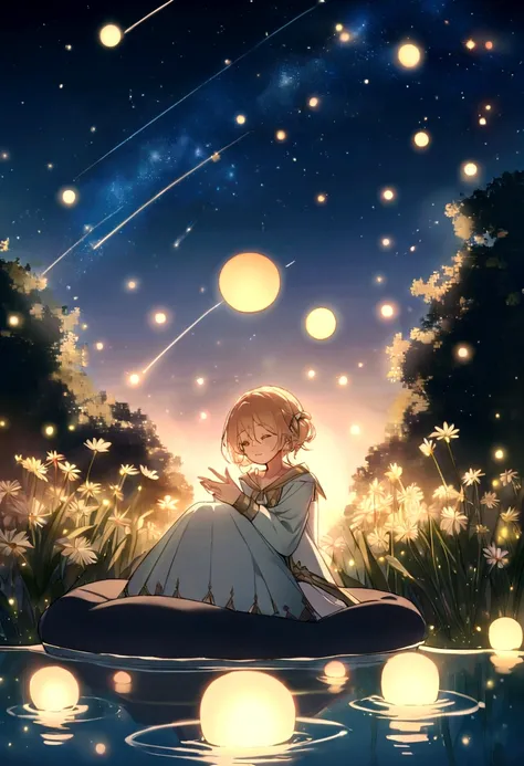 master part, gorgeous, paisajuna chica sumergida en el water en el centro))), evening, flower, garden, starry sky, constellations, Awesome, sumergida water , water, warm, cozy, peaceful, meteor, cosmic, magic, magic, particles, Fair, ((fireflies))